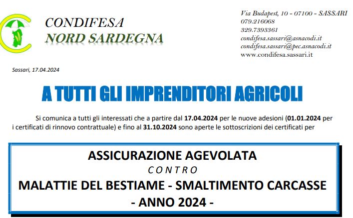 assicurazione agevolata malattie bestiame-smaltimento carcasse 2024